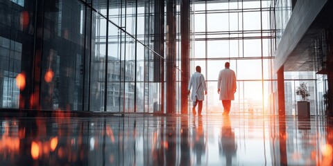 Pandemic Aftermath Concept. Two Medical Professionals Walking in Modern Hospital Lobby at Sunset in Urban Environment
