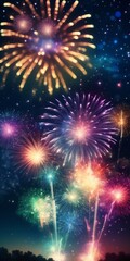 Dazzling display of fireworks bursting in a variety of colors against the night sky, symbolizing celebration festivity