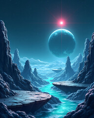  a pixel art space level with metallic platforms, stars in the background, floating asteroids, and a distant pixelated planet. blinking neon lights and a cold color palette: navy blue, silver, and