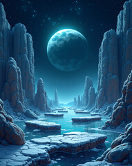  a pixel art space level with metallic platforms, stars in the background, floating asteroids, and a distant pixelated planet. blinking neon lights and a cold color palette: navy blue, silver, and