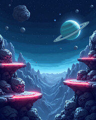  a pixel art space level with metallic platforms, stars in the background, floating asteroids, and a distant pixelated planet. blinking neon lights and a cold color palette: navy blue, silver, and