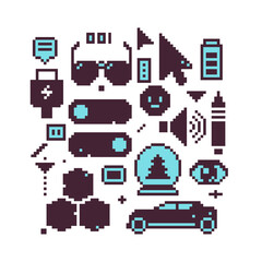 Pixel art icons set, template badge, symbol design for logo, sticker, mobile app, website, badges and patches. Isolated vector illustration. Video game sprite.