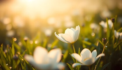 Blooming white wildflowers under golden sunlight — a perfect nature backdrop for wellness brands, eco-friendly campaigns, spring promotions, or floral-themed prints and products