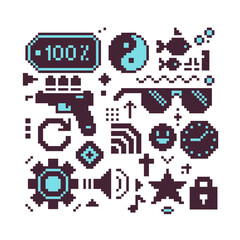 Pixel art icons set, symbol design for logo, sticker, mobile app, template badge, website, badges and patches. 8-bit sprite. Isolated vector illustration. Video game sprite.