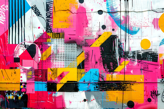 Abstract graffiti in style of street pop art, bright colors, dynamic shapes, bold lines, energetic composition, modern street art, expressive contrasts, original symbols and graphics.
