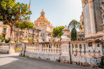 View of Cathedral Sant Agata on Piazza del Duomo with Elephant Fountain.  in Catania, Sicily, Italy.