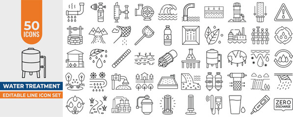 Water Treatment & Filtration Icons – 50 Editable Line Vector Symbols for Hydration, Sewage, Plumbing, Faucet, and Recycling