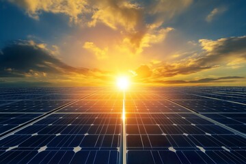 Solar Panels Absorbing Sunlight with Glowing Energy Lines and Bright Sun in the Background
