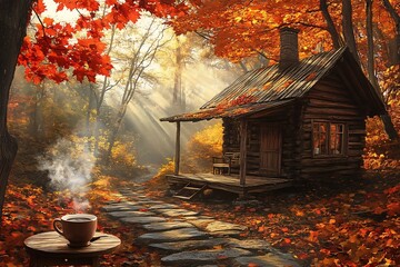 Rustic Wooden Cabin in Autumn Forest with Colorful Leaves and Warm Sunlight