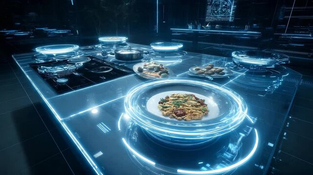 Futuristic kitchen stovetop with glowing interface and food preparation