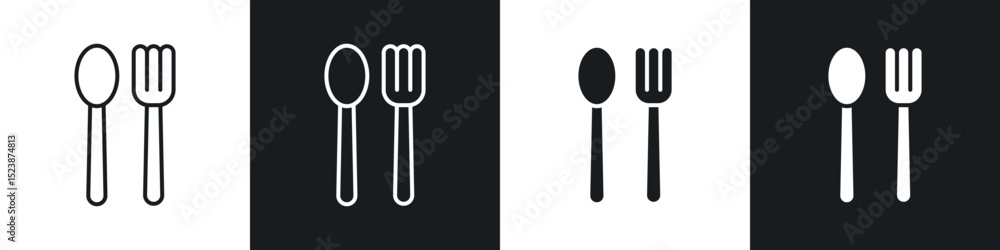 Poster Spoon and fork icons in solid and stroke graphics