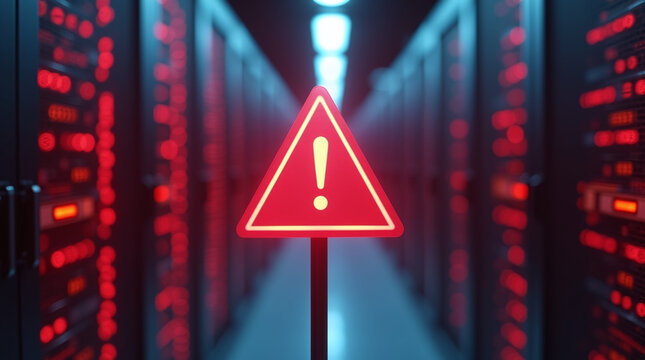 Photorealistic red triangular warning sign with white exclamation marks, in center of a server room corridor with glowing red and blue server lights in the blurred background.