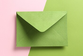 Beautiful invitation envelope on color background, top view