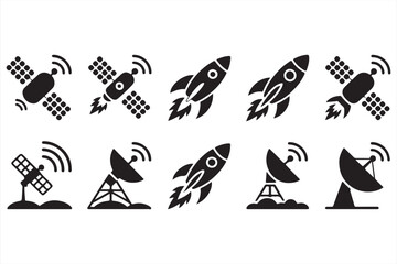 Rocket Launch and Satellite Orbit Icons for Aerospace and Tech Interface Design
