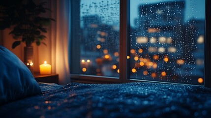 Rainy Night Serenity: Cozy Room with City Lights