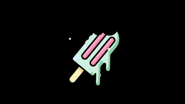 Melting green popsicle with pink stripes icon animation suitable for summer designs, food illustrations, refreshing concepts, and colorful backgrounds.