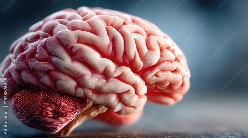 Poster Brain and emotion including fear and mental balance concept. Close-up view of a human brain highlighting its intricate structure.
