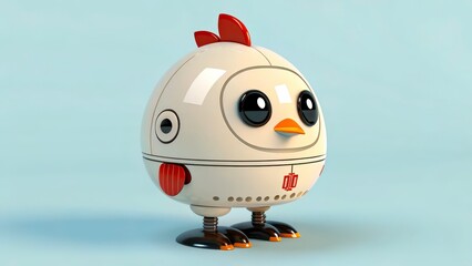 Cute robotic chicken with large eyes and red accents standing on a light blue background