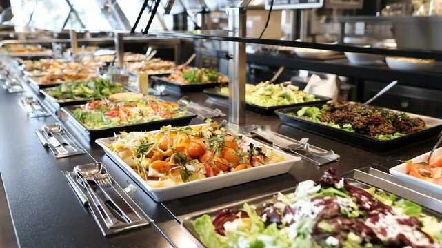 Buffet line with various salads and other food items.