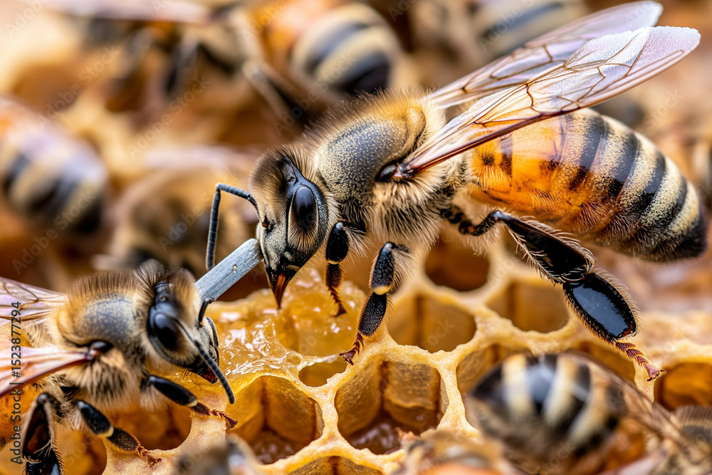 Poster close-up view of a hive tool scraping honeycomb wax during beekeeping