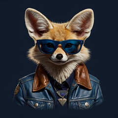 “A fennec fox wearing a leather jacket and retro sunglasses, cute and cool style, transparent background, dark navy blue background, for POD t-shirt