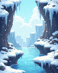  a retro-style pixel art winter level featuring icy platforms, slippery slopes, hanging icicles, and a pixelated frozen lake. Use a cool color scheme with light blues, whites, and frosty greys.