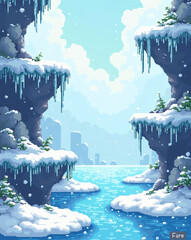  a retro-style pixel art winter level featuring icy platforms, slippery slopes, hanging icicles, and a pixelated frozen lake. Use a cool color scheme with light blues, whites, and frosty greys.