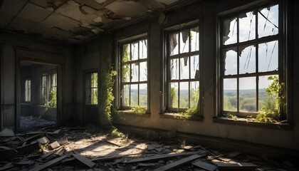Sunlight streams through broken windows of an abandoned room, revealing nature reclaiming the space—perfect for themes of decay, renewal, or post-apocalyptic beauty