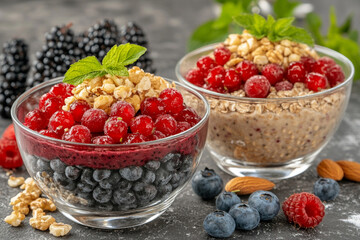 Colorful smoothie bowls with berries and nuts for a healthy brunch