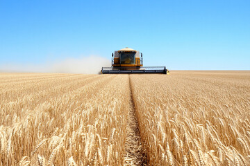 Fototapeta premium Combine harvester harvesting wheat in a golden field under clear sky