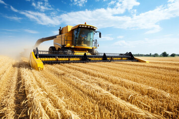 Obraz premium Combine harvester working through golden wheat fields under blue sky