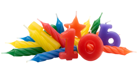 Colorful Assortment of Birthday Candles with Number Candles Forming the Number Ten