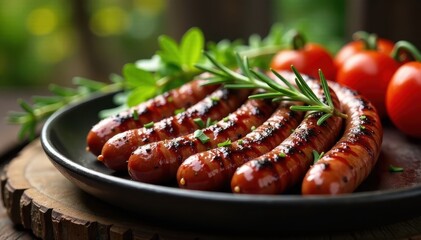 Boerewors sizzling on Weber with rosemary and vegetables, surrounded by rustic landscape, boerewors, rosemary, outdoors