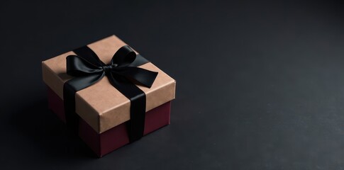 Box with elegant black ribbon tied on dark background, black ribbon wrapping, shopping day decoration, black friday gift box promo