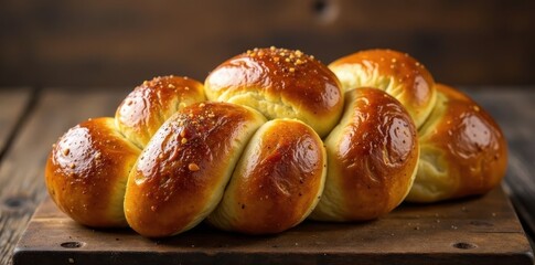 Braided challah loaf with golden crust and soft interior on rustic wooden surface, wood, artisanal, baked goods