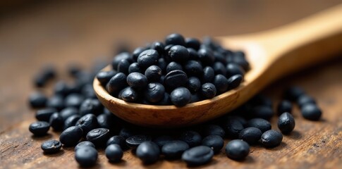 Black seed on wooden spoon with soft natural light falling on the surface , seed, wood spoon, wooden spoon