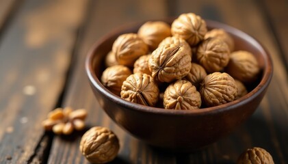 Bowl filled with walnuts arranged in a decorative pattern , centerpiece, arrangement, snacks