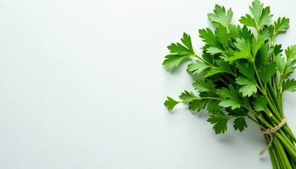 Bundle of fresh herbs arranged on a crisp white background, kitchen essentials, floral arrangement, nature-inspired