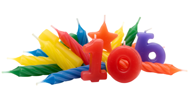 Colorful Assortment of Birthday Candles with Number Candles Forming the Number Ten
