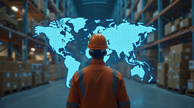 Photorealistic image of a worker in an orange hard hat from behind, looking at a large glowing transparent holographic world map with network lines, inside a warehouse filled with stacked boxes.