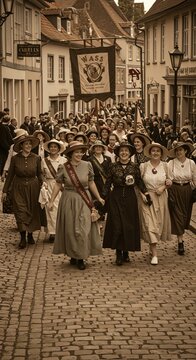 People parade vintage era clothing historical event