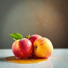 Canned peaches in syrup with golden liquid pooling at the bottom, food packaging, kitchen utensils, fruit canning