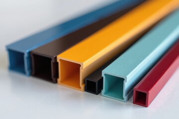 Close-up of anodized aluminum profile showcasing various finishes and colors , colors, material, reflections