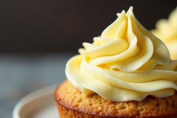 Close-up of butter cream topping on a sponge cake, frosting, cream, cake