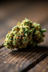 Close-up of dried cannabis nug on rough wooden surface, closeup, natural, bud
