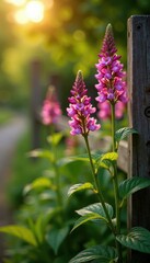 Close-up of fragrant hyssop flowers on a rustic wooden fence with a sunny background, wood, botanical, flowers