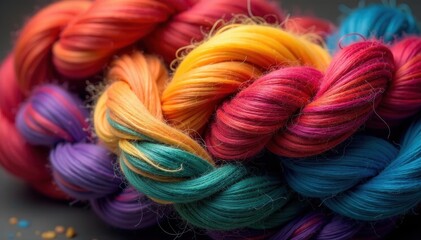 Close-up of colorful wool fibers tangled in a messy knot, texture, wool, close up