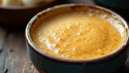 Close-up of frothy mixture in a ceramic container, starter, white, texture