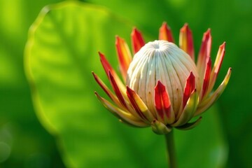 Close-up of Madiba Protea flower against a bright green leafy background with subtle shading and depth effects, leaves, green, nature