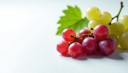 Close-up of isolated grape branches on white surface with tiny droplets , micro, close-up, grape branch